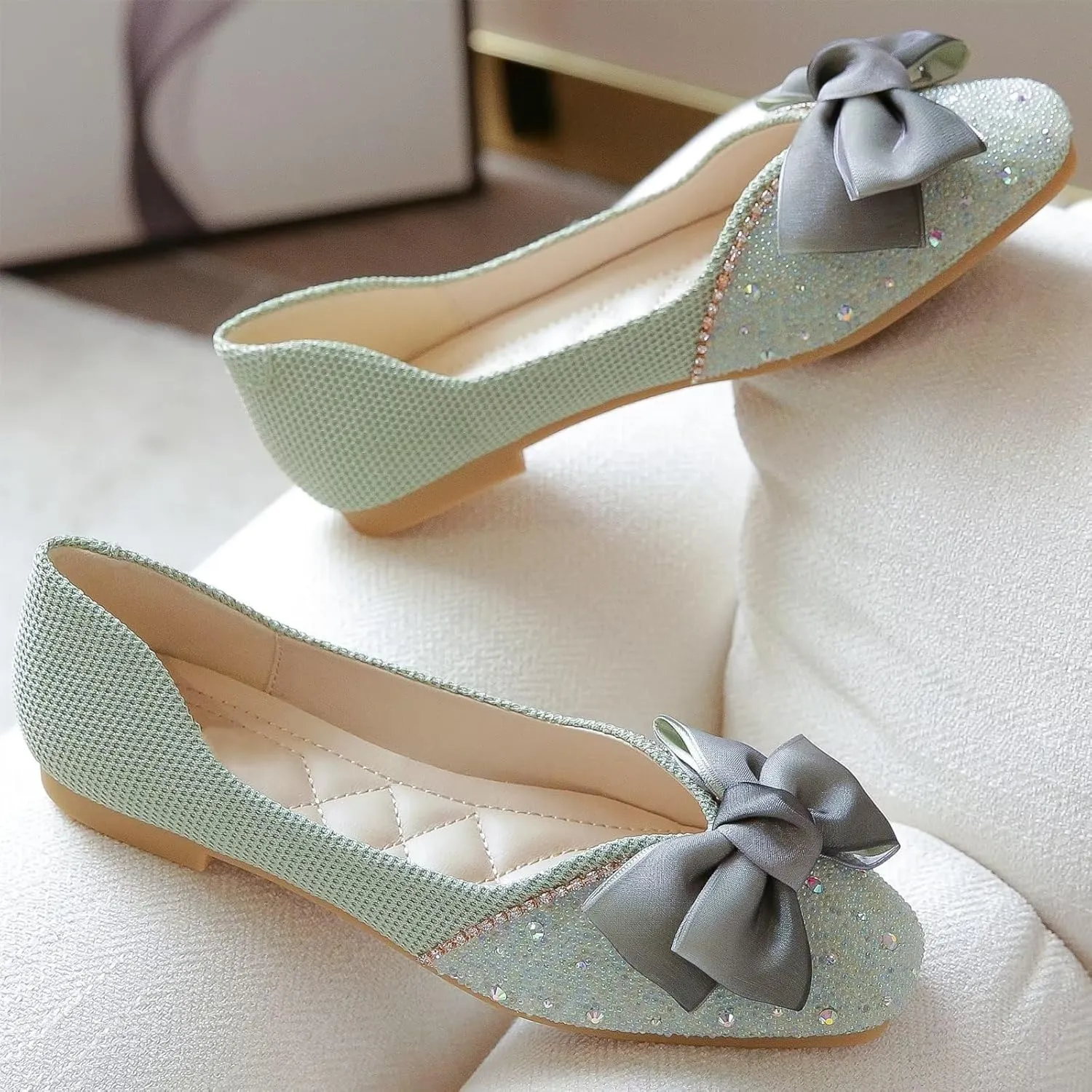 INEELUYI Women's Square Toe V Cut Rhinestone Ring Dress Flats Shoes Slip on Soft Wedding Dress Ballets Flats