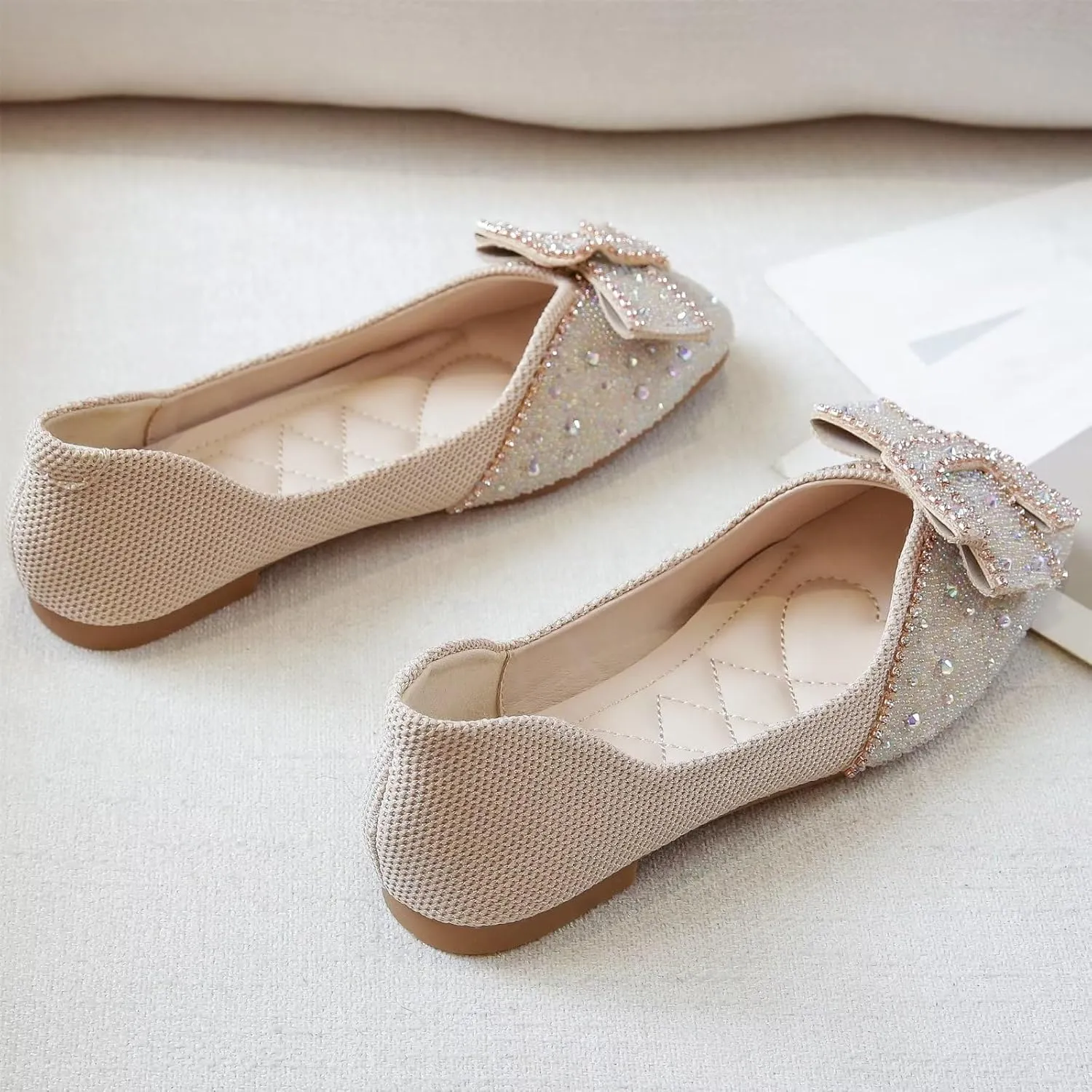 INEELUYI Women's Square Toe V Cut Rhinestone Ring Dress Flats Shoes Slip on Soft Wedding Dress Ballets Flats