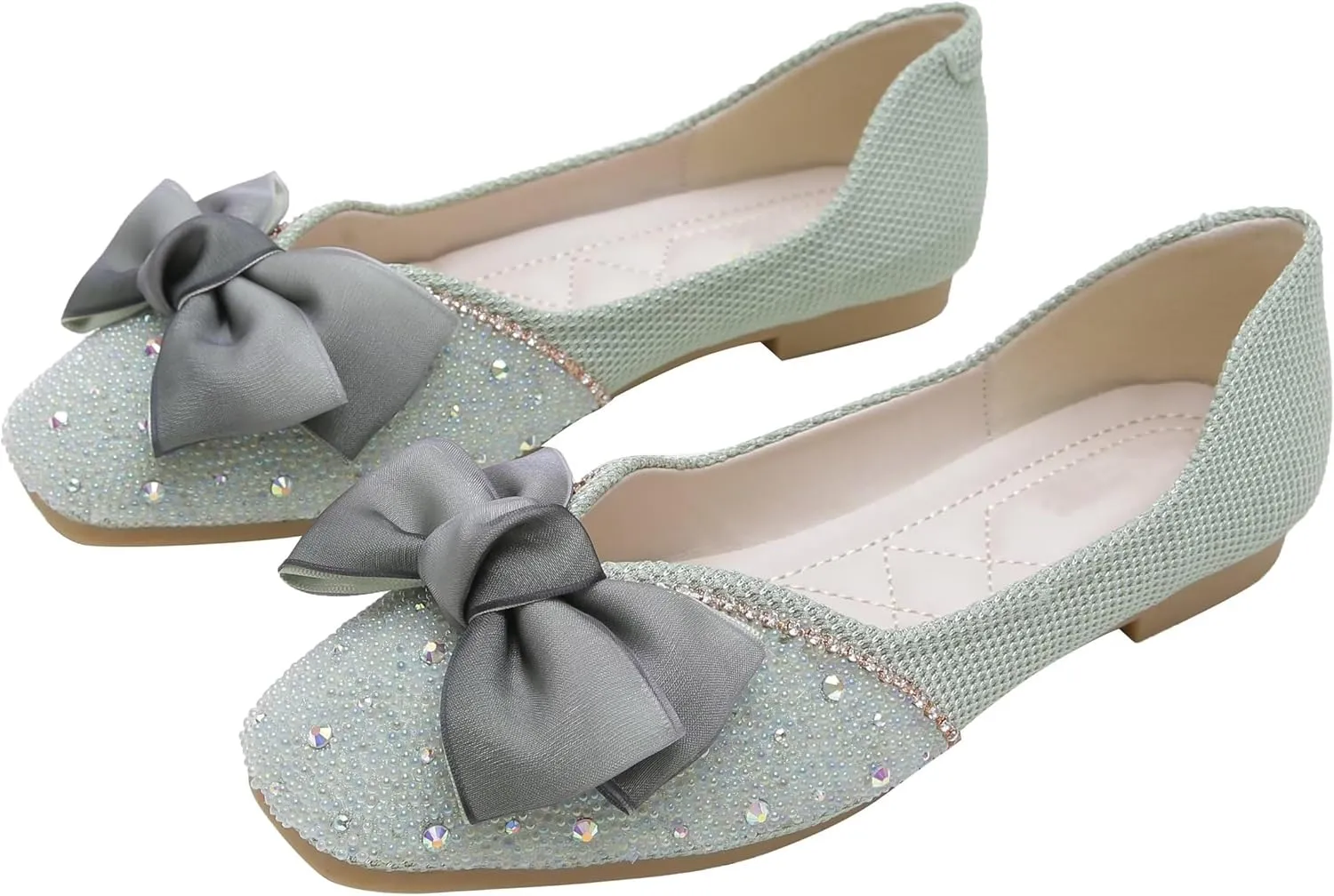 INEELUYI Women's Square Toe V Cut Rhinestone Ring Dress Flats Shoes Slip on Soft Wedding Dress Ballets Flats