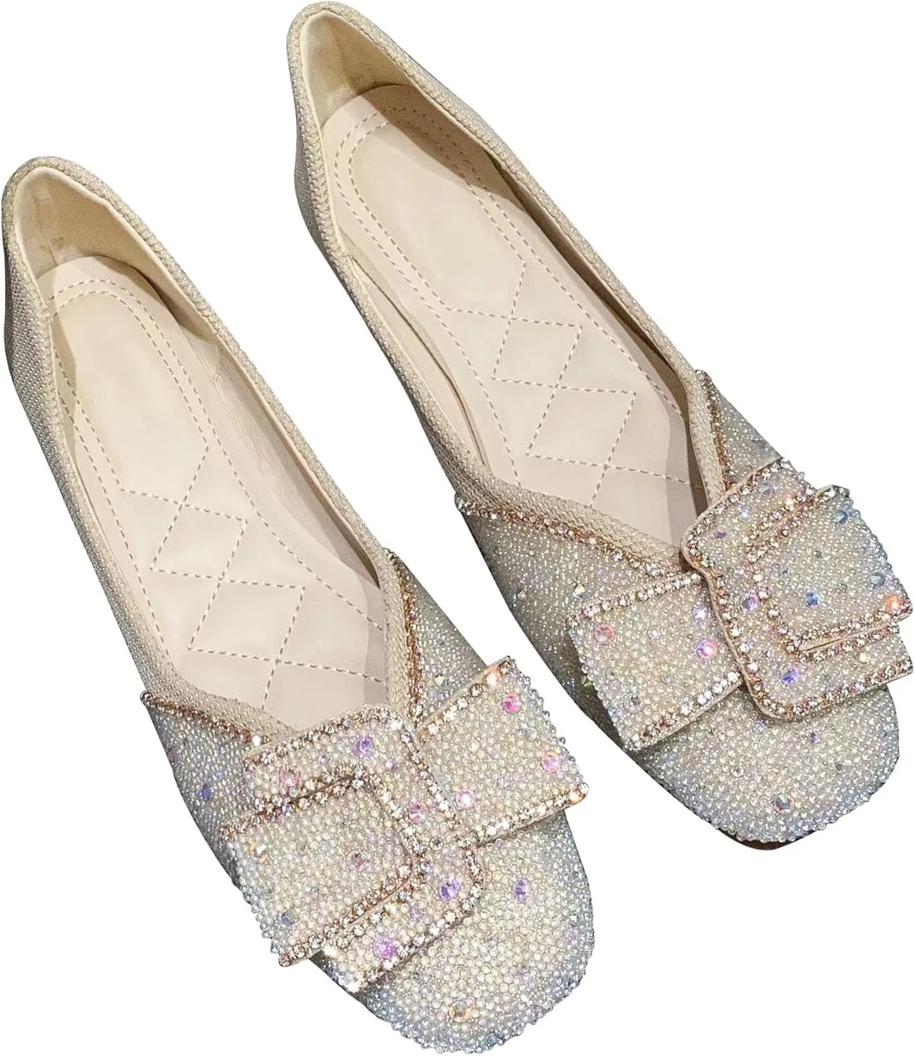 INEELUYI Women's Square Toe V Cut Rhinestone Ring Dress Flats Shoes Slip on Soft Wedding Dress Ballets Flats