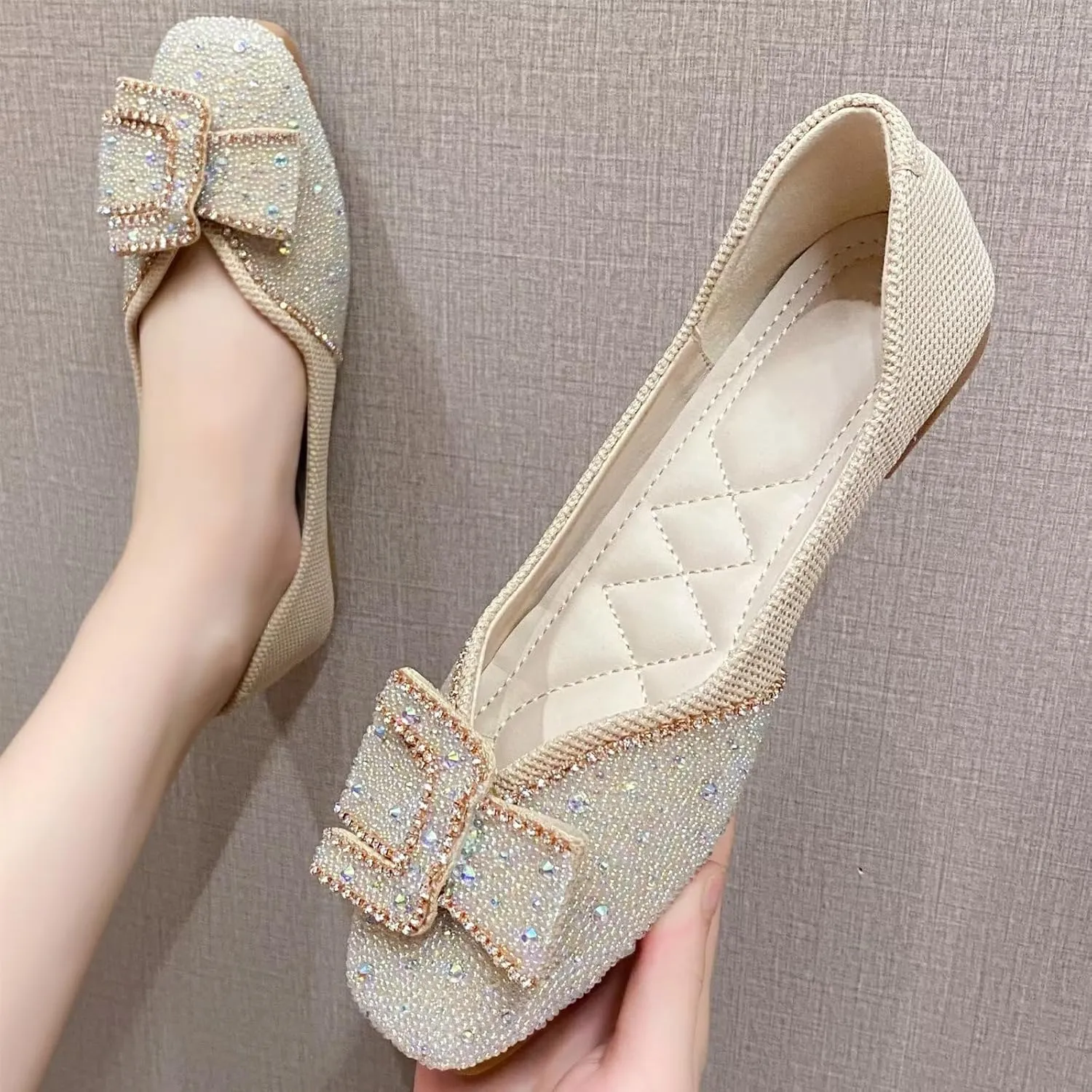 INEELUYI Women's Square Toe V Cut Rhinestone Ring Dress Flats Shoes Slip on Soft Wedding Dress Ballets Flats