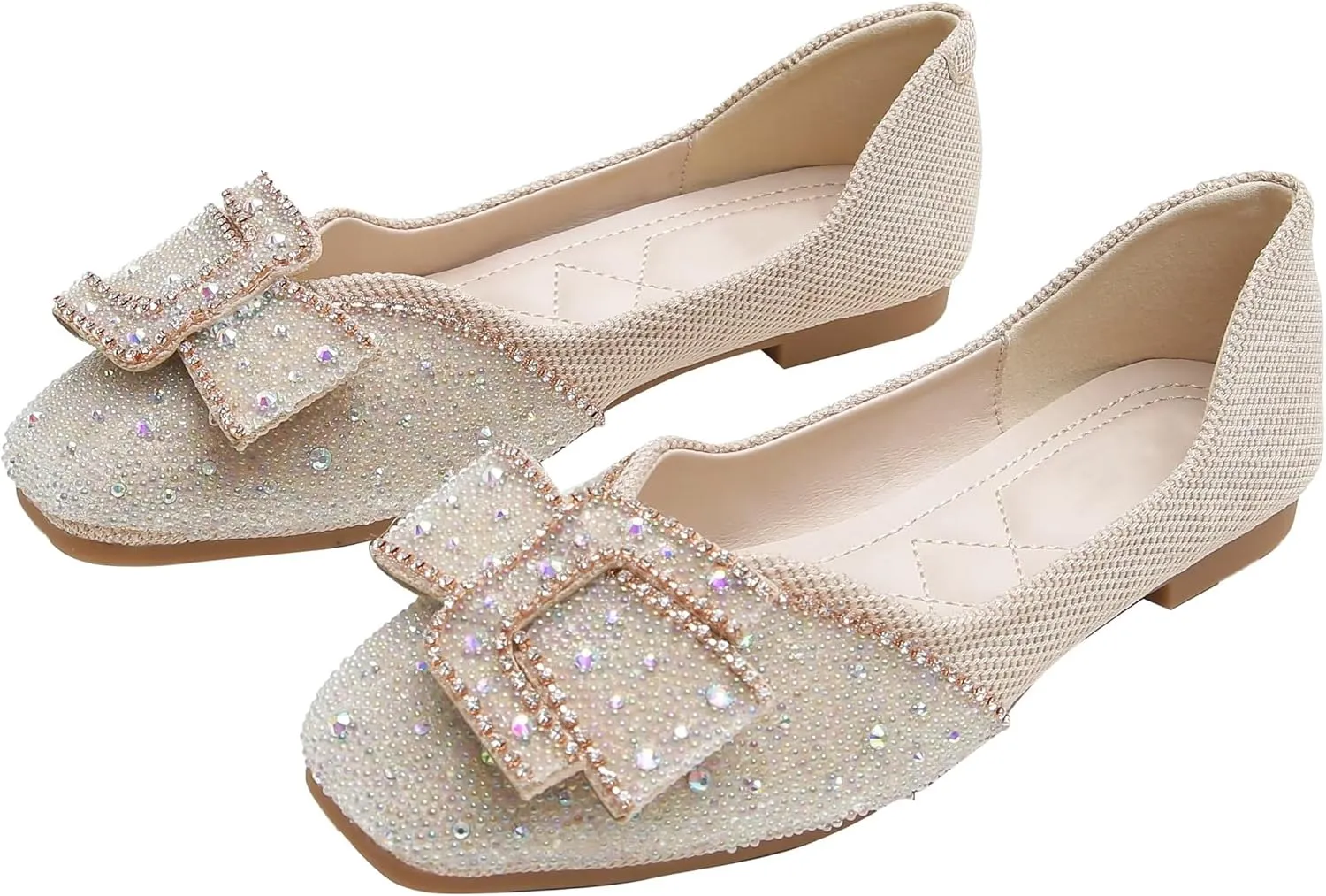 INEELUYI Women's Square Toe V Cut Rhinestone Ring Dress Flats Shoes Slip on Soft Wedding Dress Ballets Flats