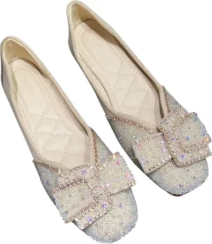 INEELUYI Women's Square Toe V Cut Rhinestone Ring Dress Flats Shoes Slip on Soft Wedding Dress Ballets Flats