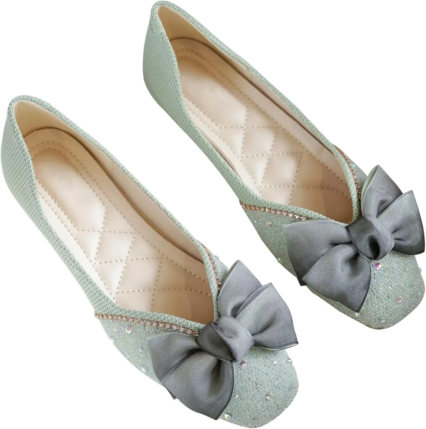 INEELUYI Women's Square Toe V Cut Rhinestone Ring Dress Flats Shoes Slip on Soft Wedding Dress Ballets Flats