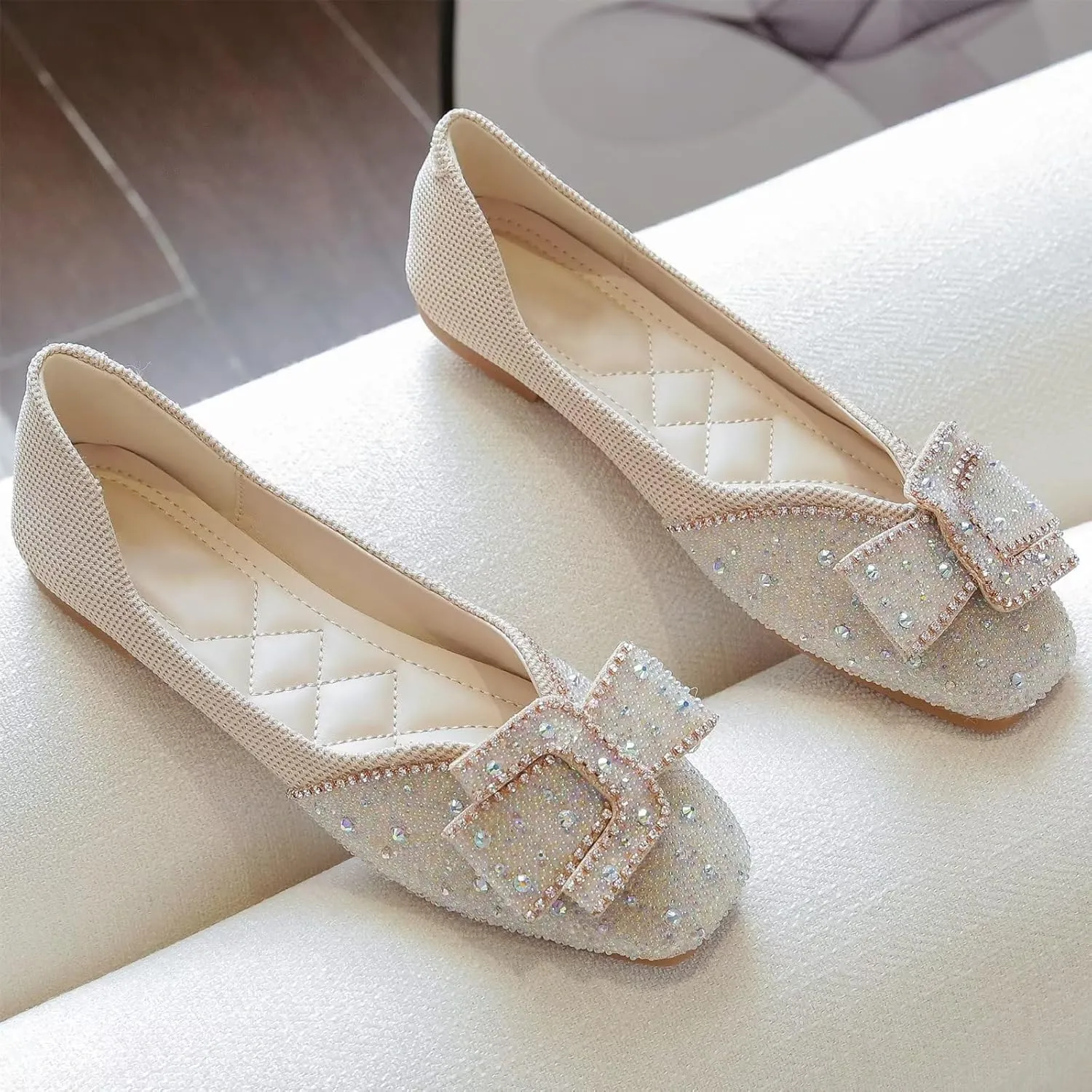 INEELUYI Women's Square Toe V Cut Rhinestone Ring Dress Flats Shoes Slip on Soft Wedding Dress Ballets Flats
