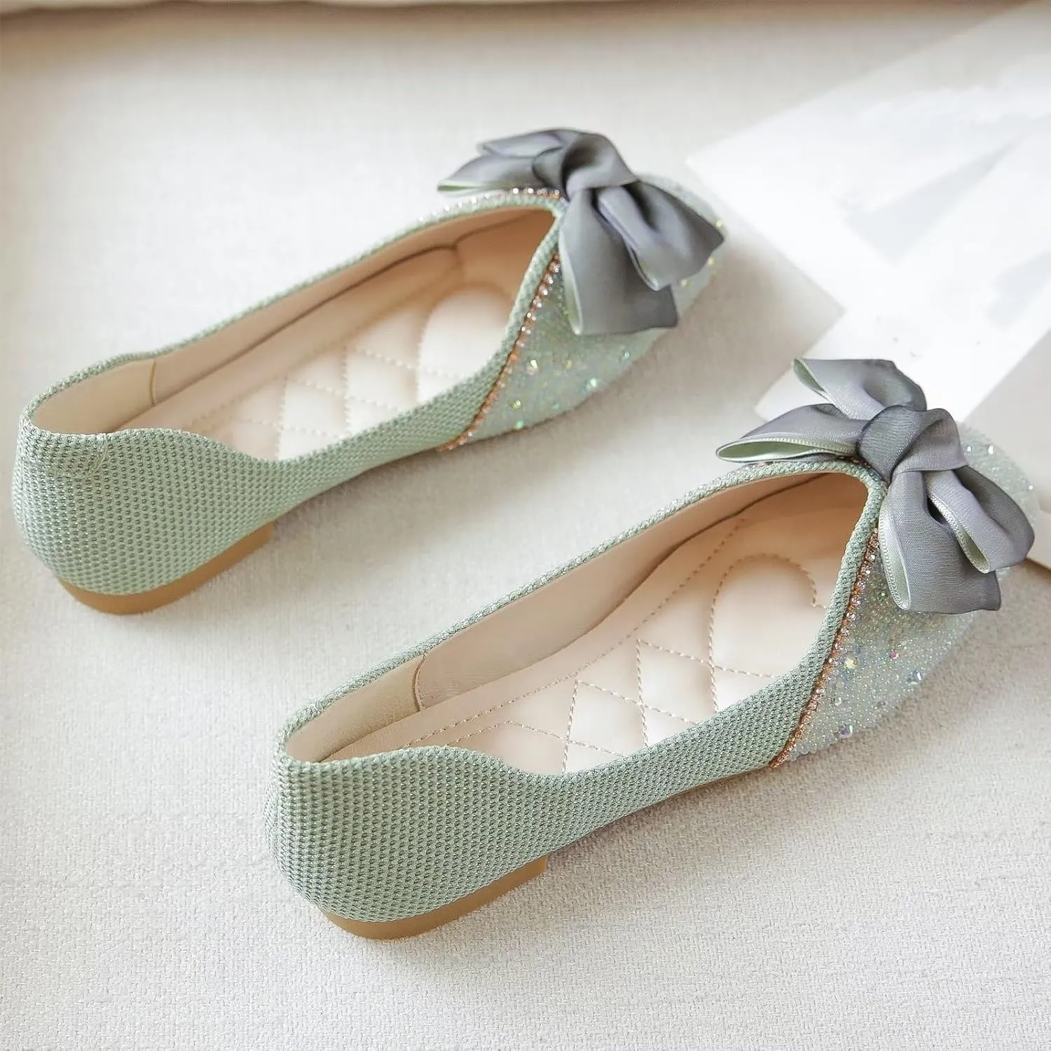 INEELUYI Women's Square Toe V Cut Rhinestone Ring Dress Flats Shoes Slip on Soft Wedding Dress Ballets Flats