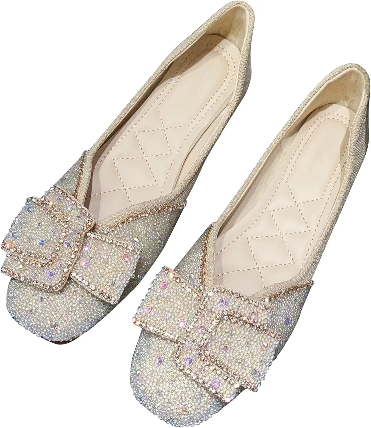 INEELUYI Women's Square Toe V Cut Rhinestone Ring Dress Flats Shoes Slip on Soft Wedding Dress Ballets Flats