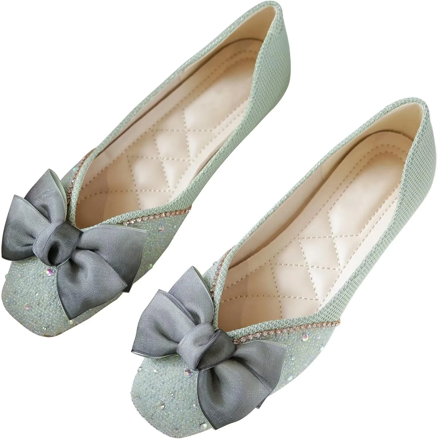 INEELUYI Women's Square Toe V Cut Rhinestone Ring Dress Flats Shoes Slip on Soft Wedding Dress Ballets Flats