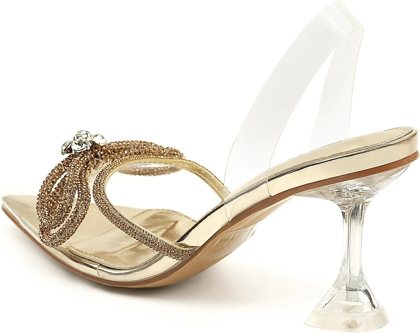 JENN ARDOR Women’s Heels for Bride Sparkly Low Heels Slingback Pumps 3.4 inch Clear Kitten Heels Wedding with Rhinestones Bow Pumps Pointed Toe Sandals Dress Shoes for Prom Party Dating