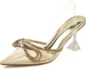 JENN ARDOR Women’s Heels for Bride Sparkly Low Heels Slingback Pumps 3.4 inch Clear Kitten Heels Wedding with Rhinestones Bow Pumps Pointed Toe Sandals Dress Shoes for Prom Party Dating