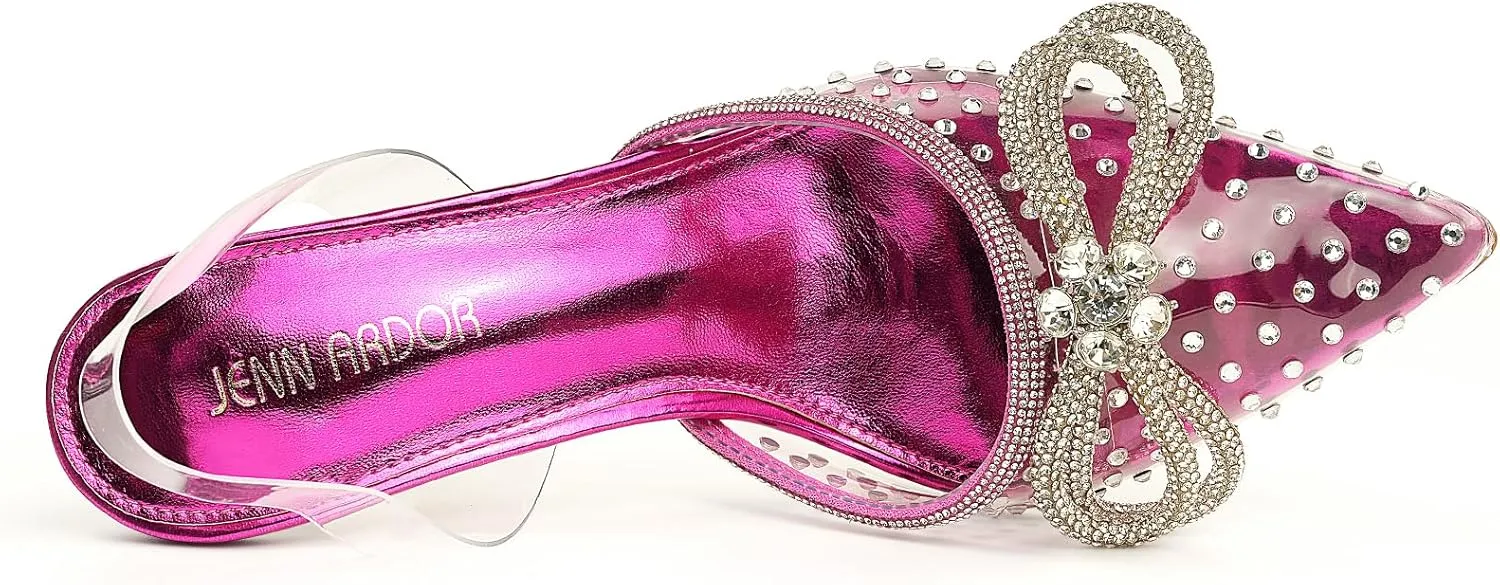 JENN ARDOR Women’s Heels for Bride Sparkly Low Heels Slingback Pumps 3.4 inch Clear Kitten Heels Wedding with Rhinestones Bow Pumps Pointed Toe Sandals Dress Shoes for Prom Party Dating