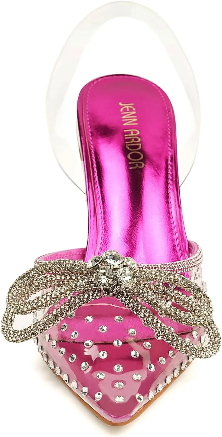 JENN ARDOR Women’s Heels for Bride Sparkly Low Heels Slingback Pumps 3.4 inch Clear Kitten Heels Wedding with Rhinestones Bow Pumps Pointed Toe Sandals Dress Shoes for Prom Party Dating