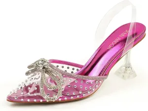 JENN ARDOR Women’s Heels for Bride Sparkly Low Heels Slingback Pumps 3.4 inch Clear Kitten Heels Wedding with Rhinestones Bow Pumps Pointed Toe Sandals Dress Shoes for Prom Party Dating