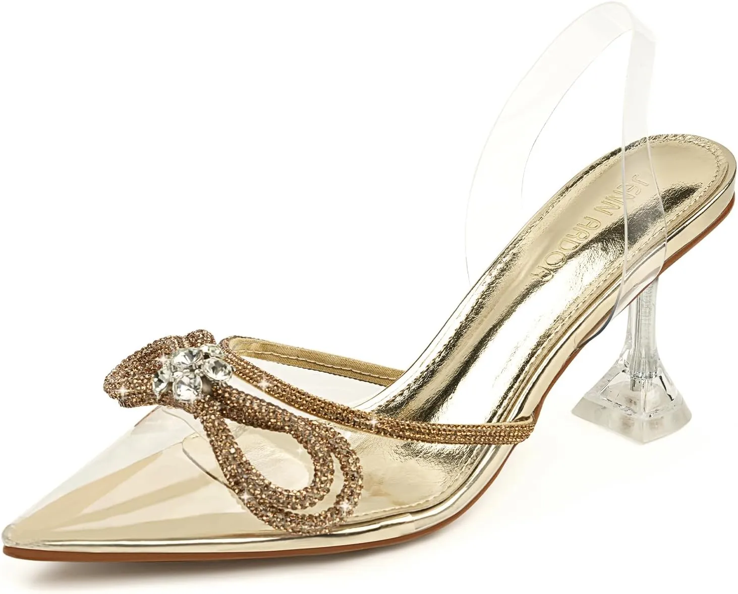JENN ARDOR Women’s Heels for Bride Sparkly Low Heels Slingback Pumps 3.4 inch Clear Kitten Heels Wedding with Rhinestones Bow Pumps Pointed Toe Sandals Dress Shoes for Prom Party Dating
