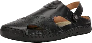 JIONS Mens Hand Stitching Outdoor Closed Toe Leather Sandals, Adjustable Heel Strap Slip on Sandals Beach Slippers Shoes