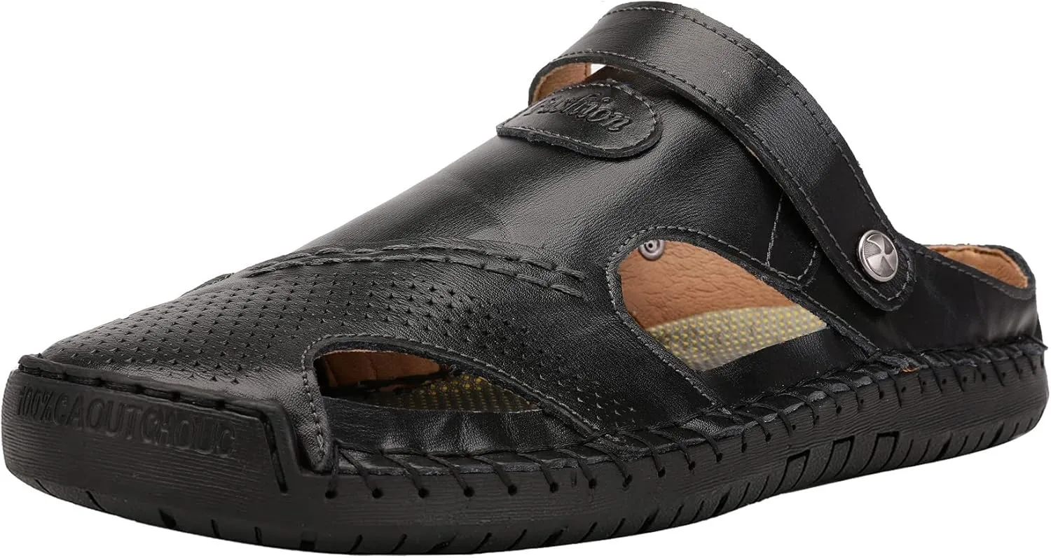 JIONS Mens Hand Stitching Outdoor Closed Toe Leather Sandals, Adjustable Heel Strap Slip on Sandals Beach Slippers Shoes
