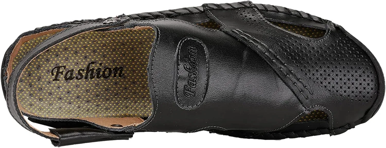 JIONS Mens Hand Stitching Outdoor Closed Toe Leather Sandals, Adjustable Heel Strap Slip on Sandals Beach Slippers Shoes