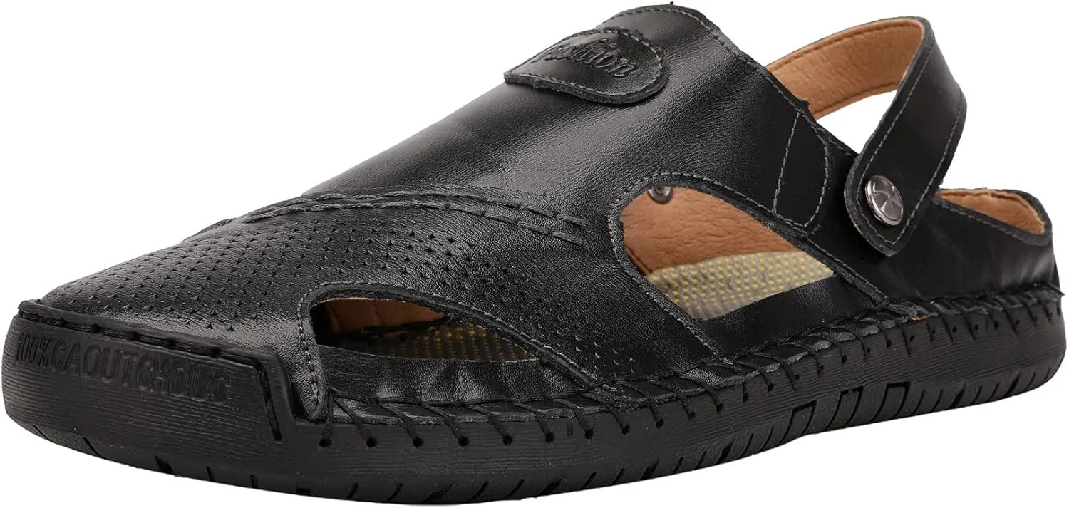 JIONS Mens Hand Stitching Outdoor Closed Toe Leather Sandals, Adjustable Heel Strap Slip on Sandals Beach Slippers Shoes