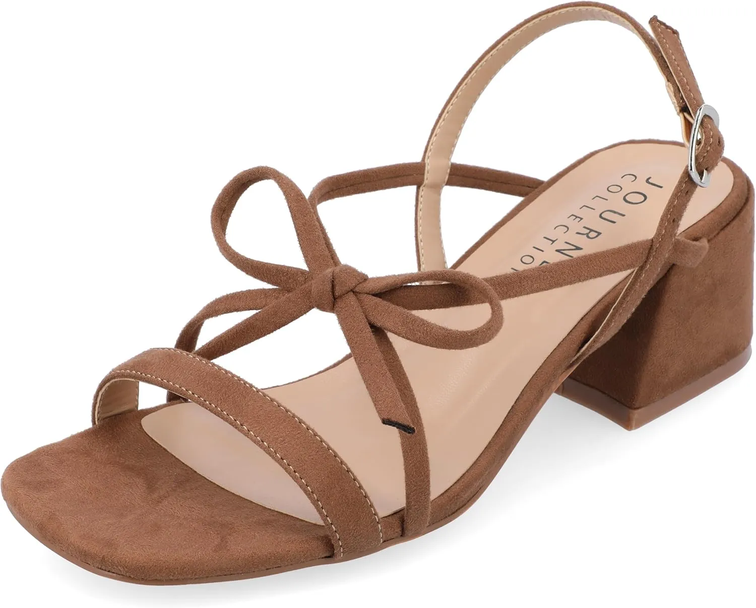 Journee Collection Women's Amity Suede Sandal with Bow Open Square Toe Buckle Ankle Strap Covered Block Heel Shoe