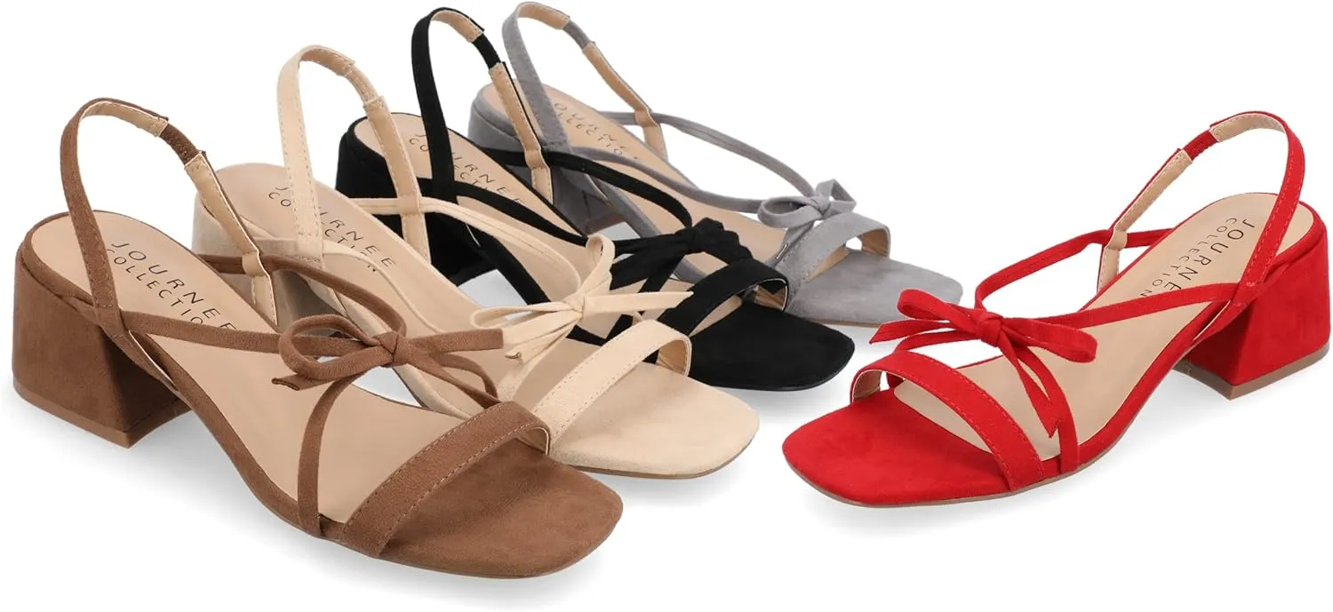Journee Collection Women's Amity Suede Sandal with Bow Open Square Toe Buckle Ankle Strap Covered Block Heel Shoe