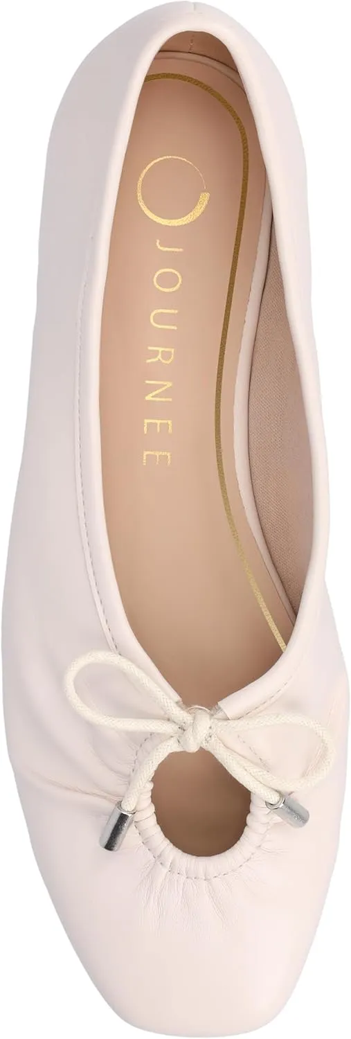 Journee Collection Womens Callee Ruched Ballet Dress Flats with Bow Cushioned Slip On Soft Square Toe Fashion Shoe