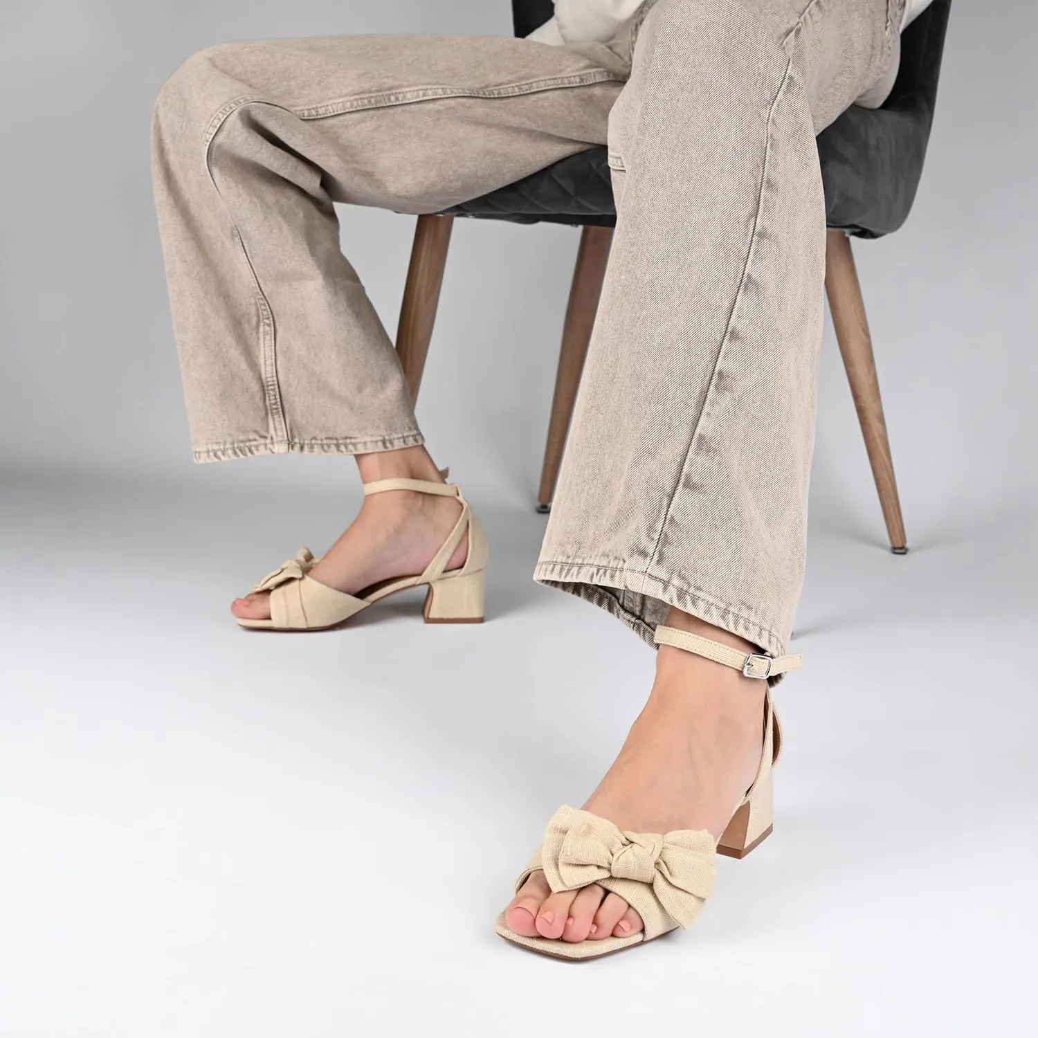 Journee Womens Linen Bow Knot Covered Block Heel Open Square Toe Buckle Ankle Zevi Comfort Foam Sandals