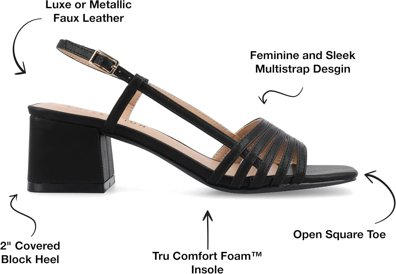 Journee Womens Strappy Buckle Sling Back Covered Block Heel Open Square Toe Shayana Comfort Foam Sandals
