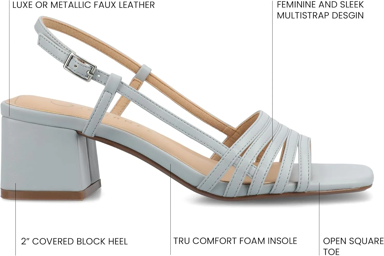 Journee Womens Strappy Buckle Sling Back Covered Block Heel Open Square Toe Shayana Comfort Foam Sandals