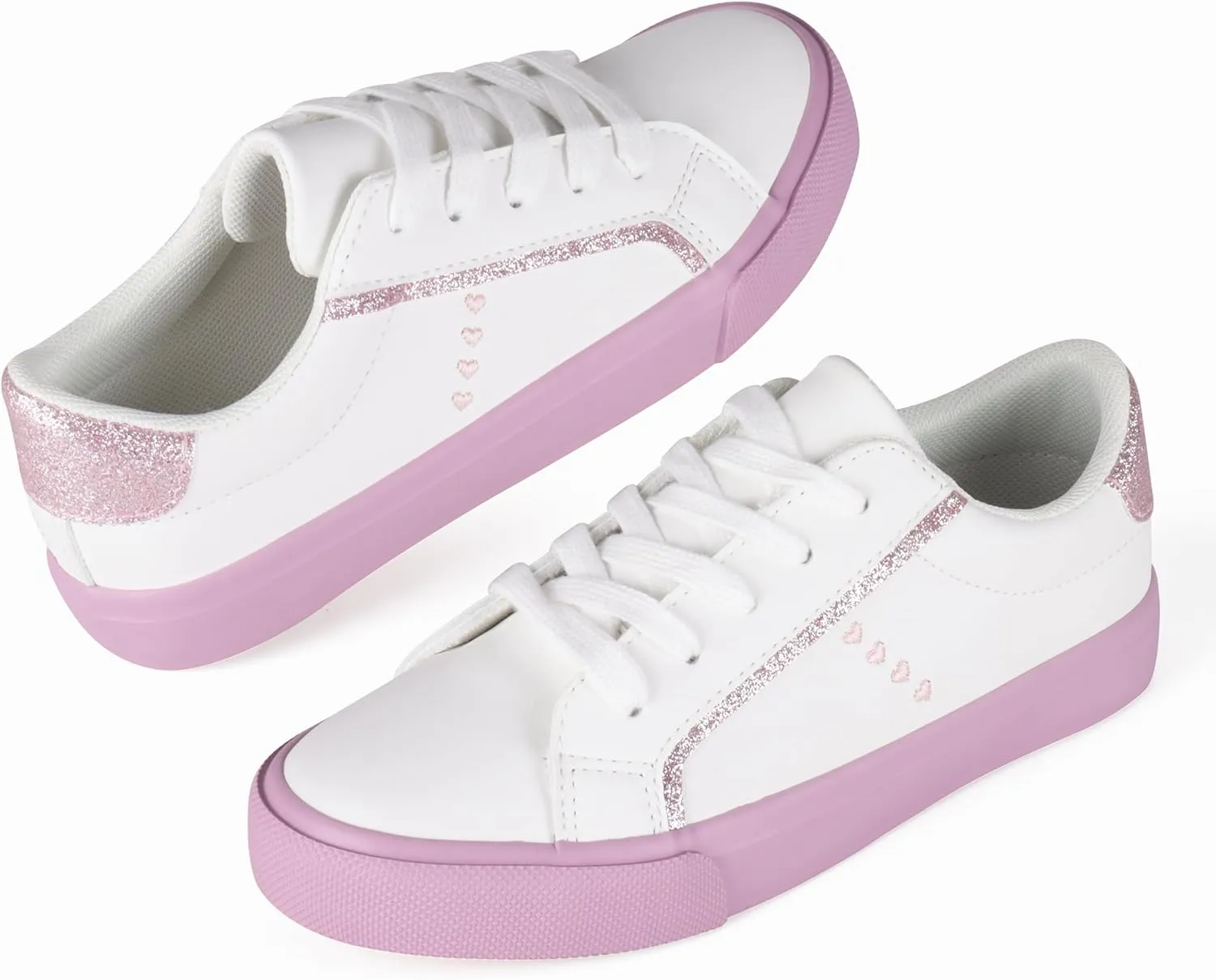 JUDIS Kids Glitter Fashion Sneakers Girls White Low Top Lace Up Casual Shoes