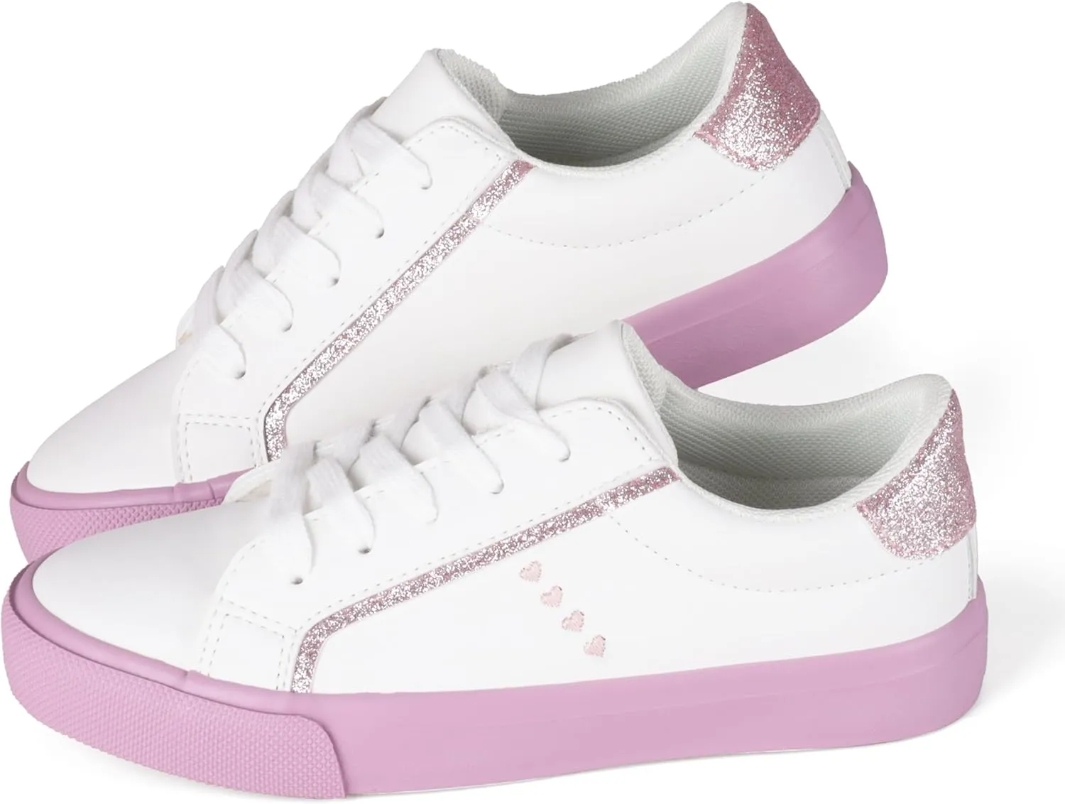 JUDIS Kids Glitter Fashion Sneakers Girls White Low Top Lace Up Casual Shoes