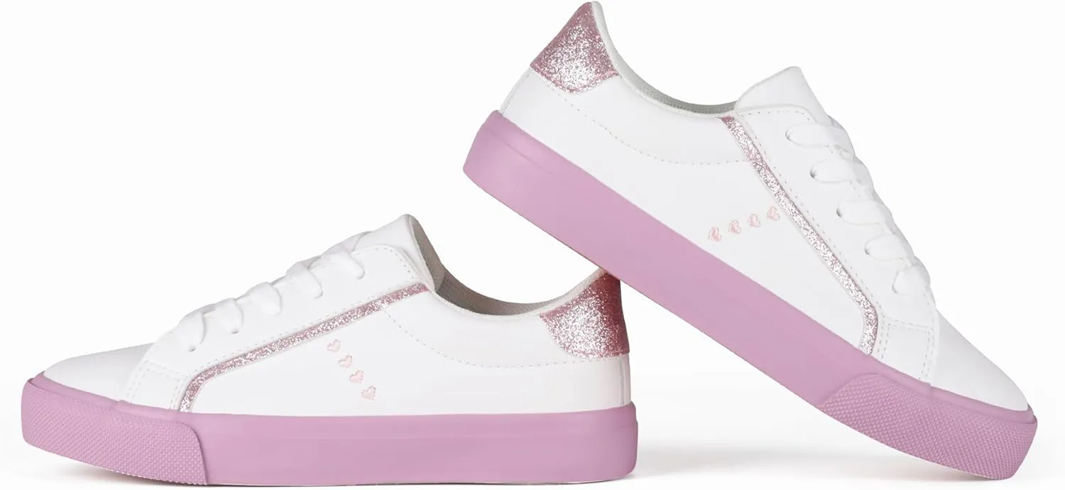 JUDIS Kids Glitter Fashion Sneakers Girls White Low Top Lace Up Casual Shoes