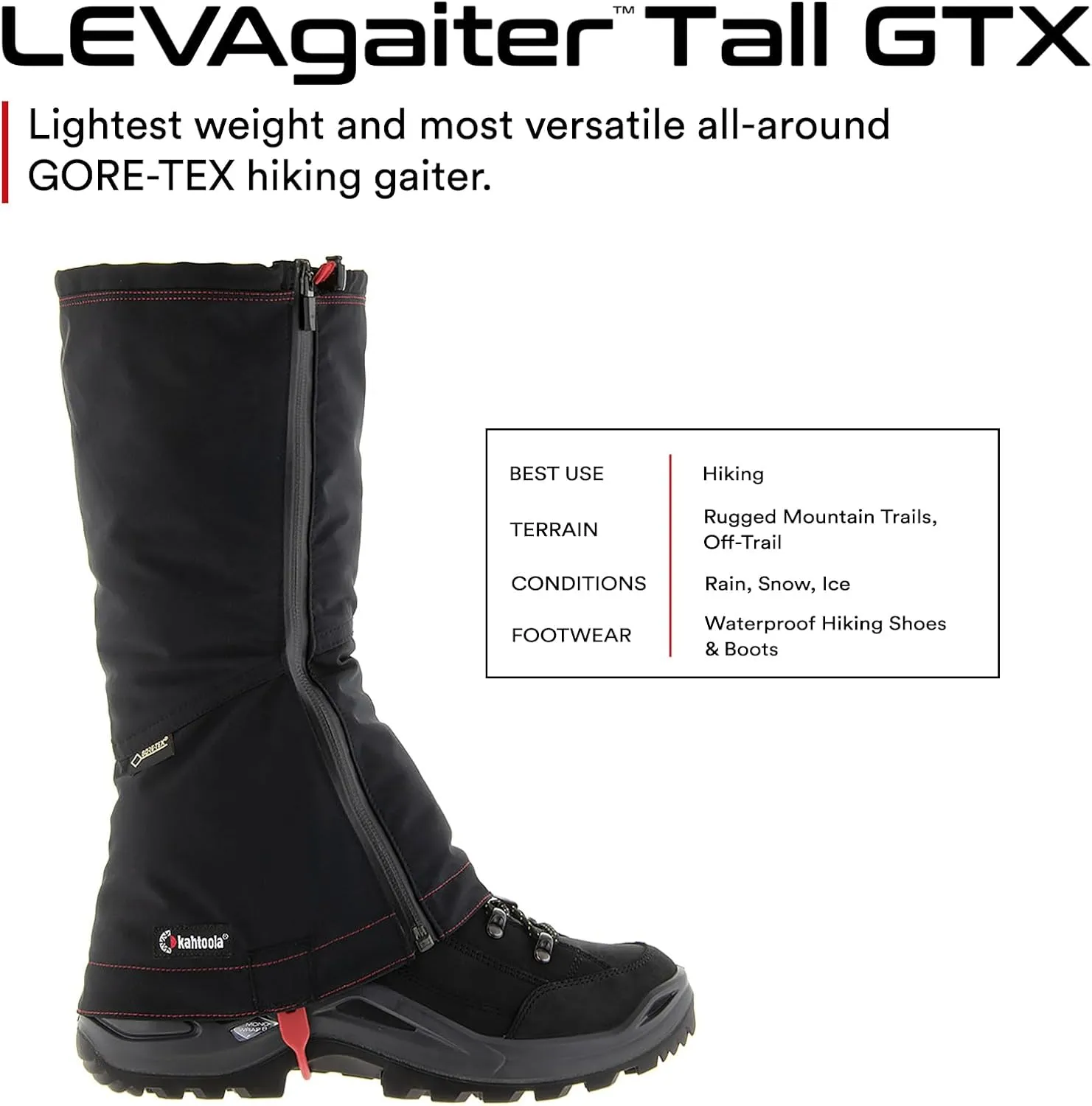Kahtoola LEVAgaiter Tall GTX Gaiters, Waterproof Gore-TEX Shoe & Boot Protection for Mountaineering, Off-Trail Hiking in Mud, Snow & Ice