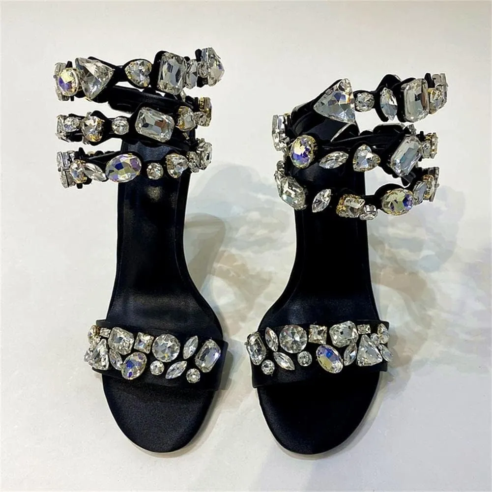 keleimusi Womens Jeweled Snake-Wrap Sandals Rhinestone Embellished Satin Heeled Wraparound Stiletto Heels
