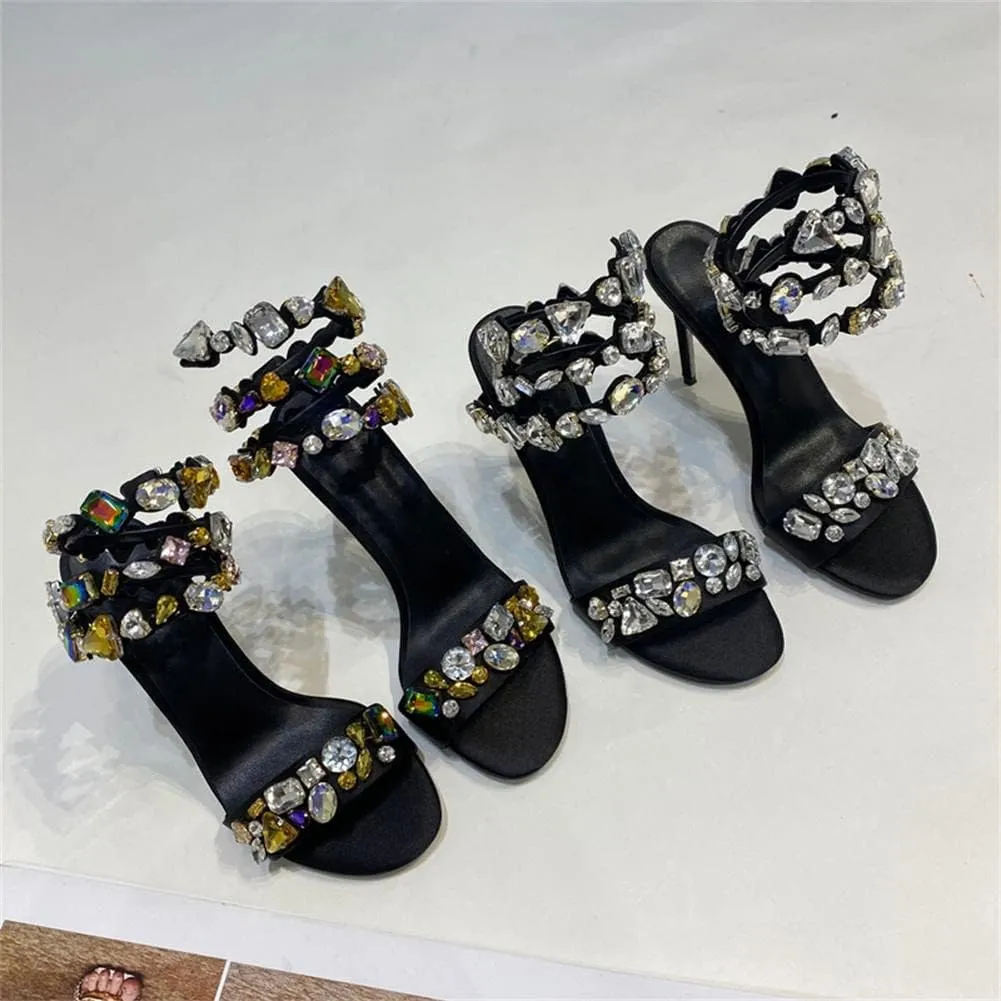 keleimusi Womens Jeweled Snake-Wrap Sandals Rhinestone Embellished Satin Heeled Wraparound Stiletto Heels