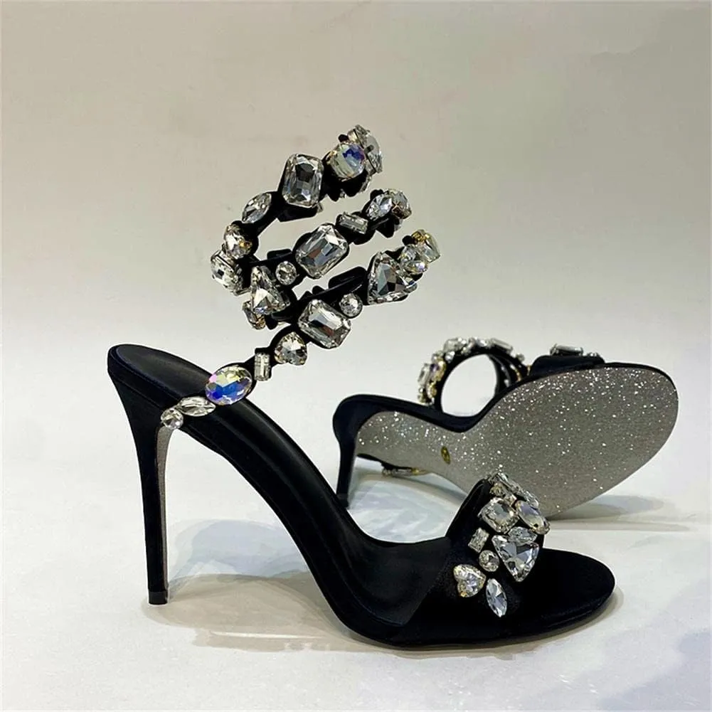 keleimusi Womens Jeweled Snake-Wrap Sandals Rhinestone Embellished Satin Heeled Wraparound Stiletto Heels