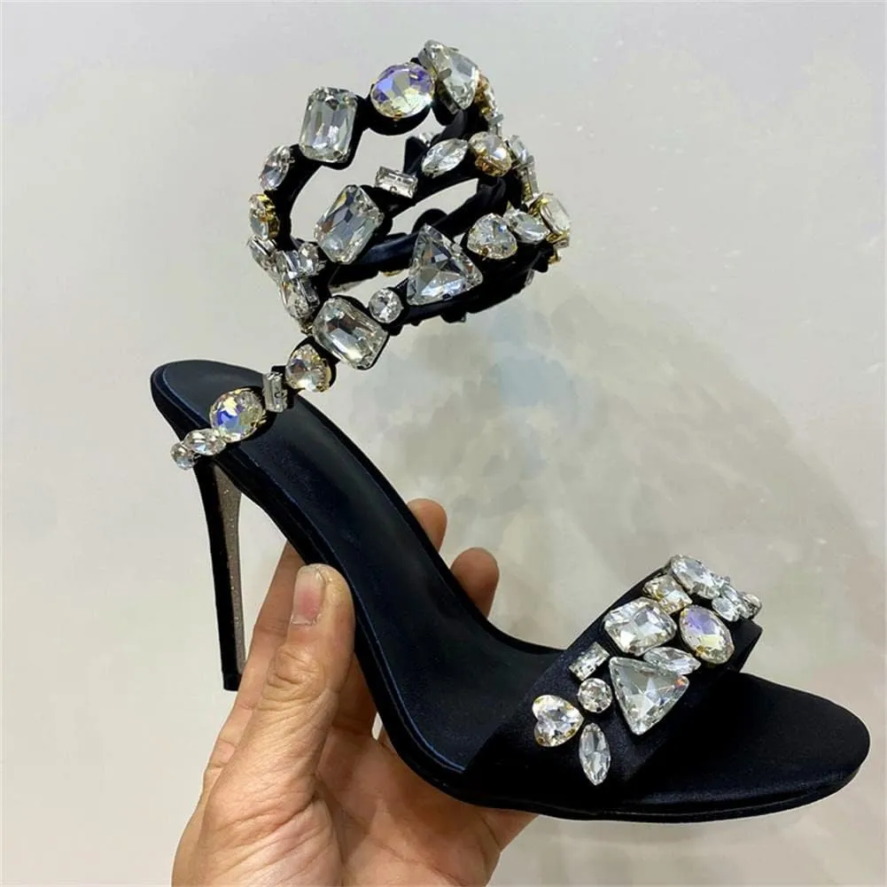 keleimusi Womens Jeweled Snake-Wrap Sandals Rhinestone Embellished Satin Heeled Wraparound Stiletto Heels