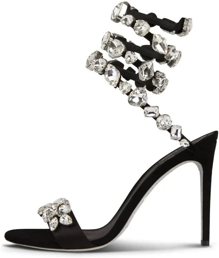 keleimusi Womens Jeweled Snake-Wrap Sandals Rhinestone Embellished Satin Heeled Wraparound Stiletto Heels