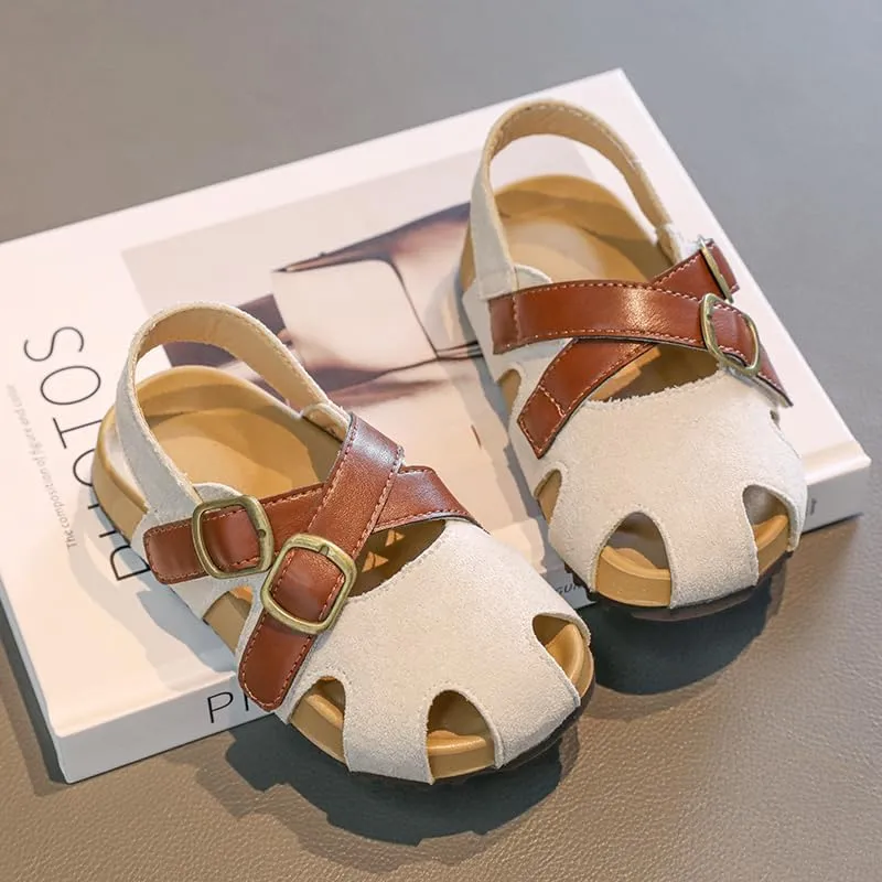 Kids Suede Sandals with Double Buckle Straps, Beige and Brown