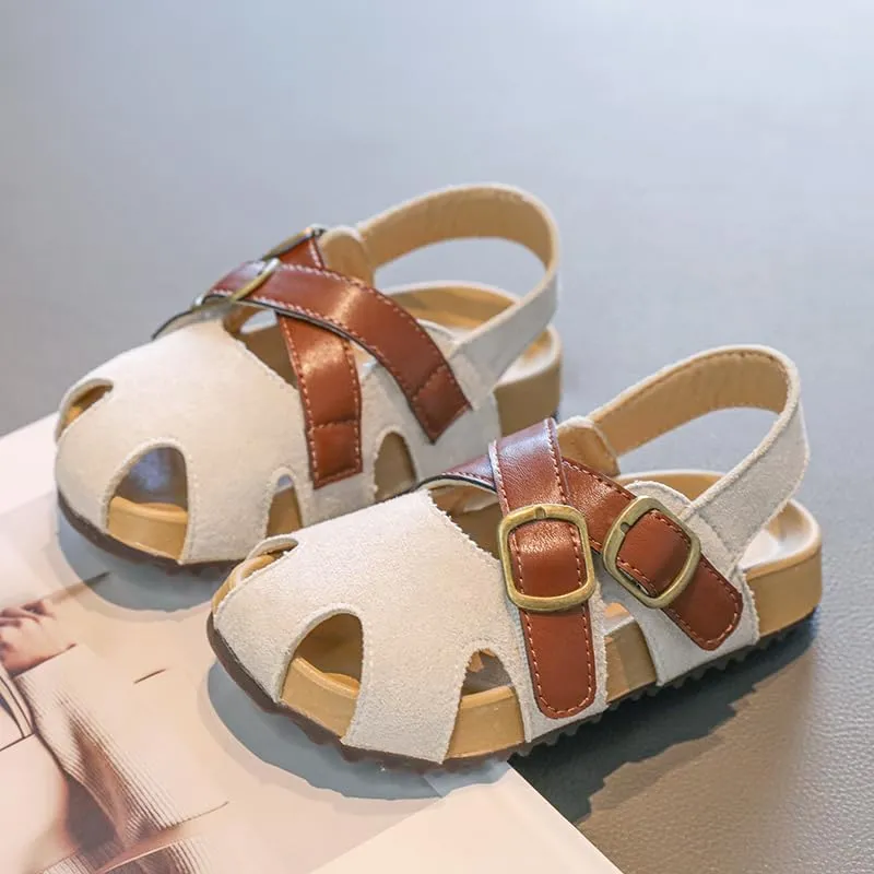 Kids Suede Sandals with Double Buckle Straps, Beige and Brown