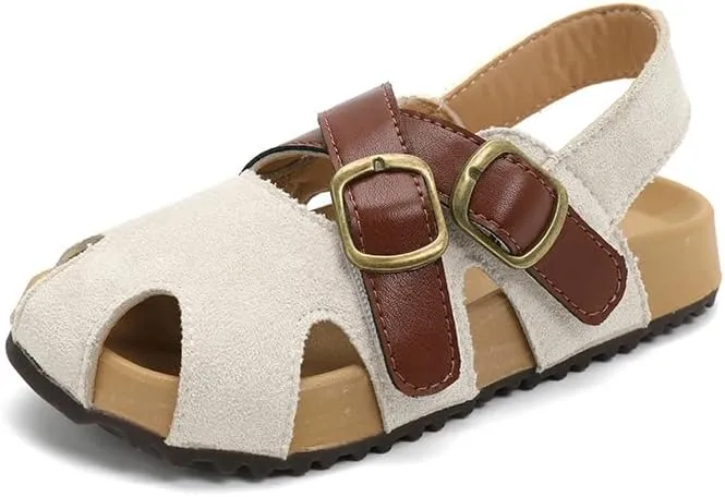 Kids Suede Sandals with Double Buckle Straps, Beige and Brown