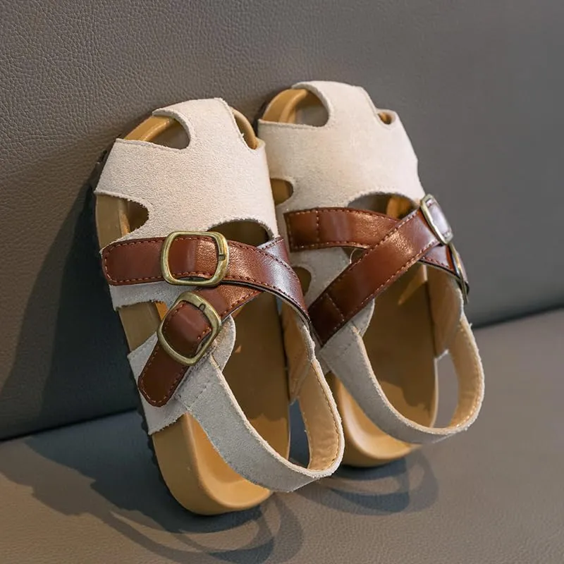 Kids Suede Sandals with Double Buckle Straps, Beige and Brown