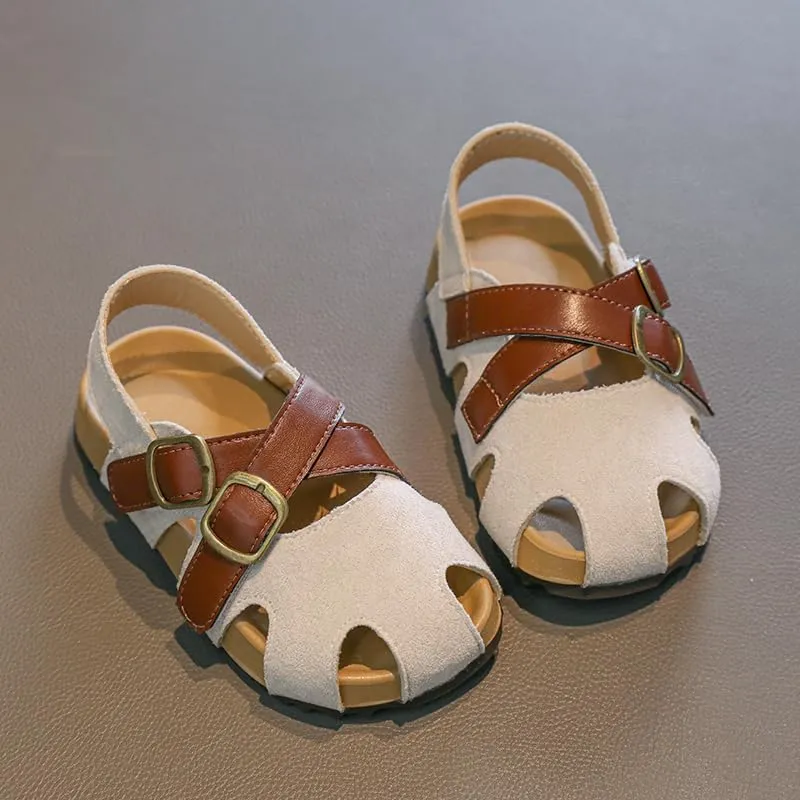 Kids Suede Sandals with Double Buckle Straps, Beige and Brown