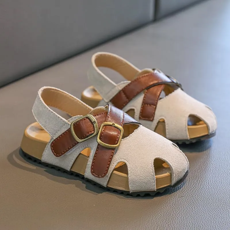 Kids Suede Sandals with Double Buckle Straps, Beige and Brown