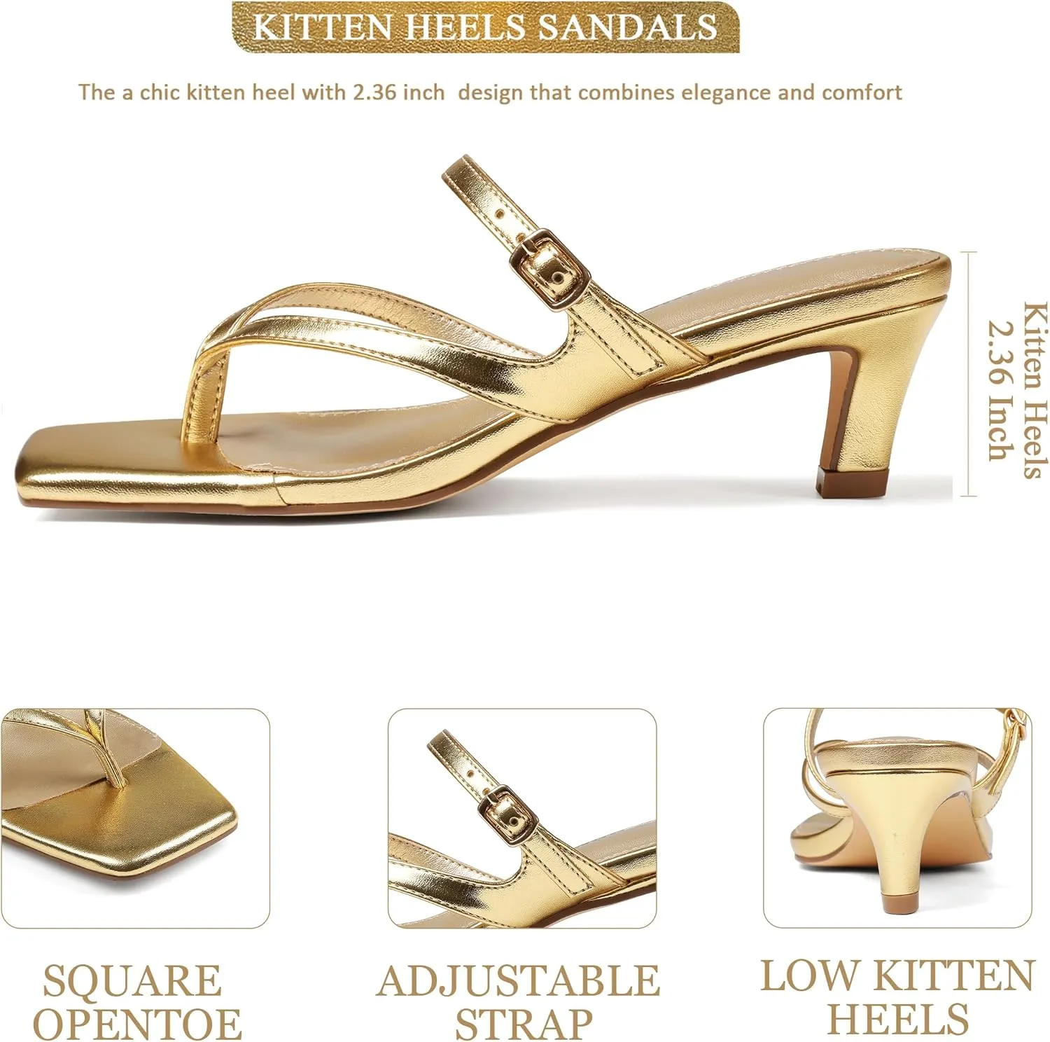 Kitten Heel Sandals for Women Square Open Toe Strappy Sandals Flip Flops Low Heels Fashion Comfort Party Dress Shoes