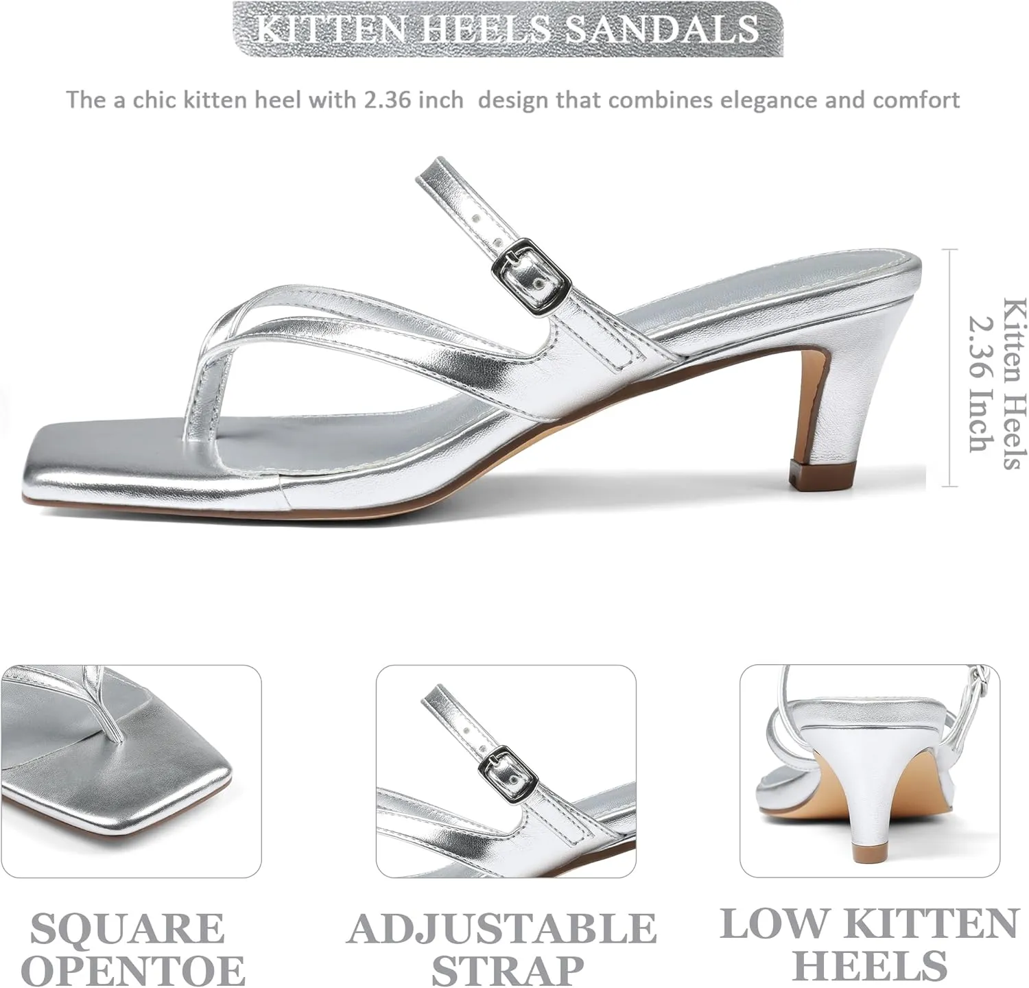 Kitten Heel Sandals for Women Square Open Toe Strappy Sandals Flip Flops Low Heels Fashion Comfort Party Dress Shoes