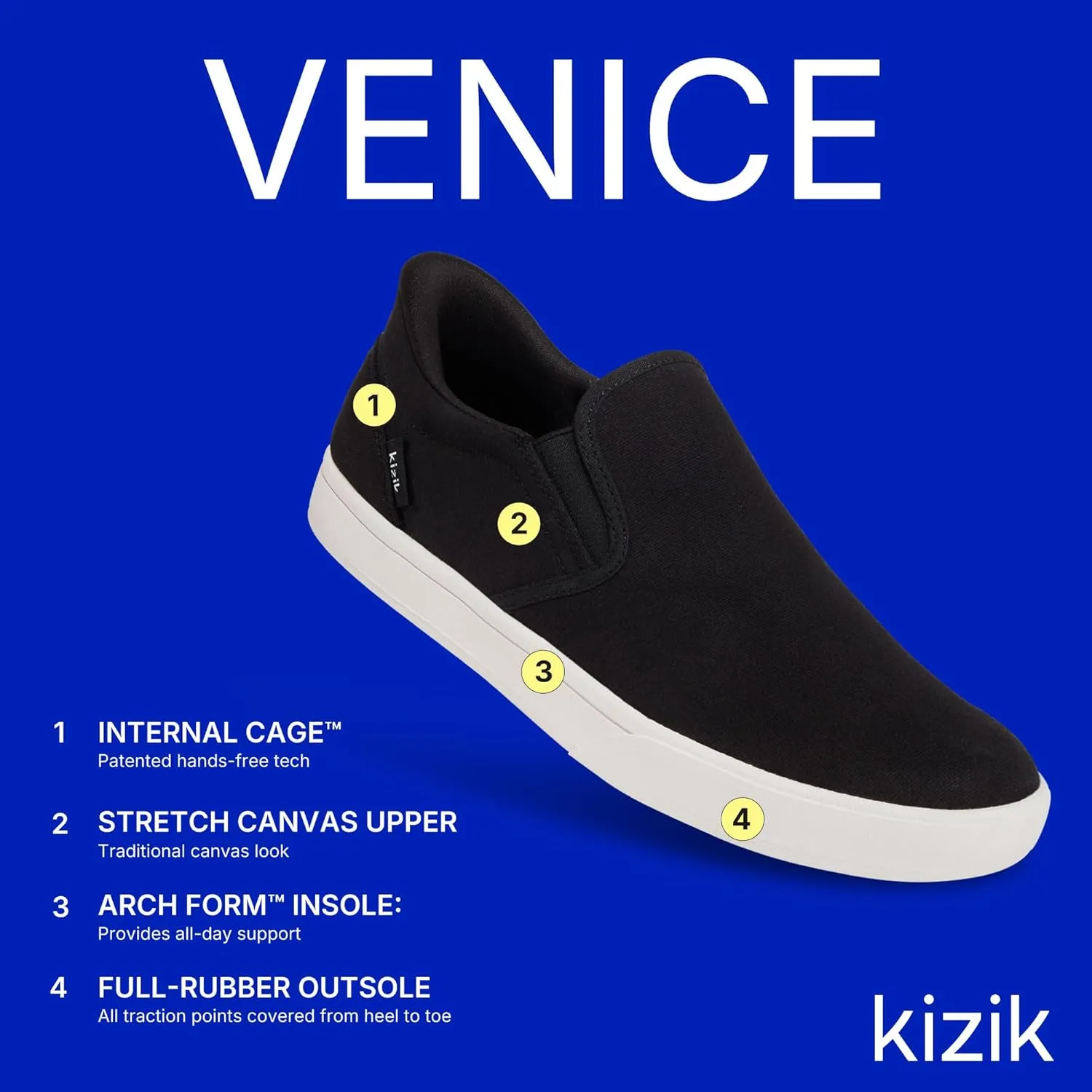 Kizik 'Venice' Comfortable, Breathable, Stretch Canvas Slip-On Sneakers - Hands-Free, Orthopedic, Travel & Everyday Casual Shoes for Men, Women, Elderly