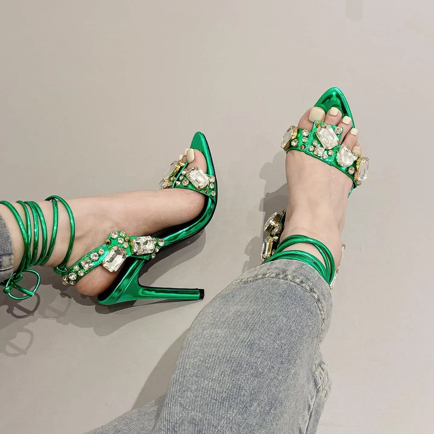Kluolandi Women's Strappy Stiletto Heels with Crystal Lace Up Gladiator Sexy Open Toe High Heeled Sandals Gold Heels for Women