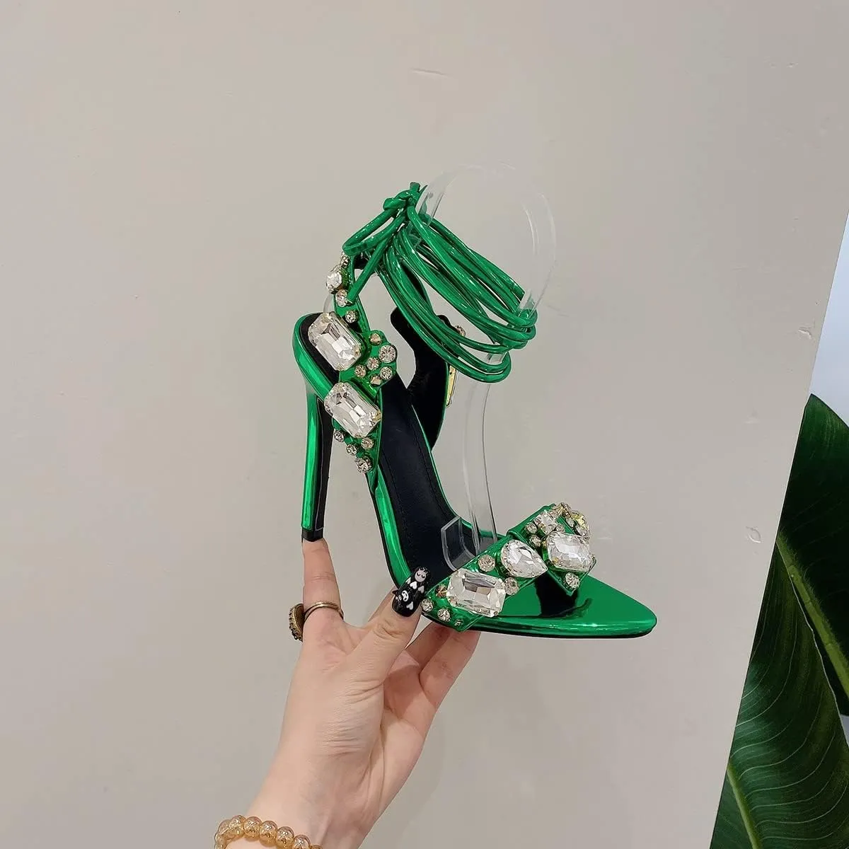 Kluolandi Women's Strappy Stiletto Heels with Crystal Lace Up Gladiator Sexy Open Toe High Heeled Sandals Gold Heels for Women