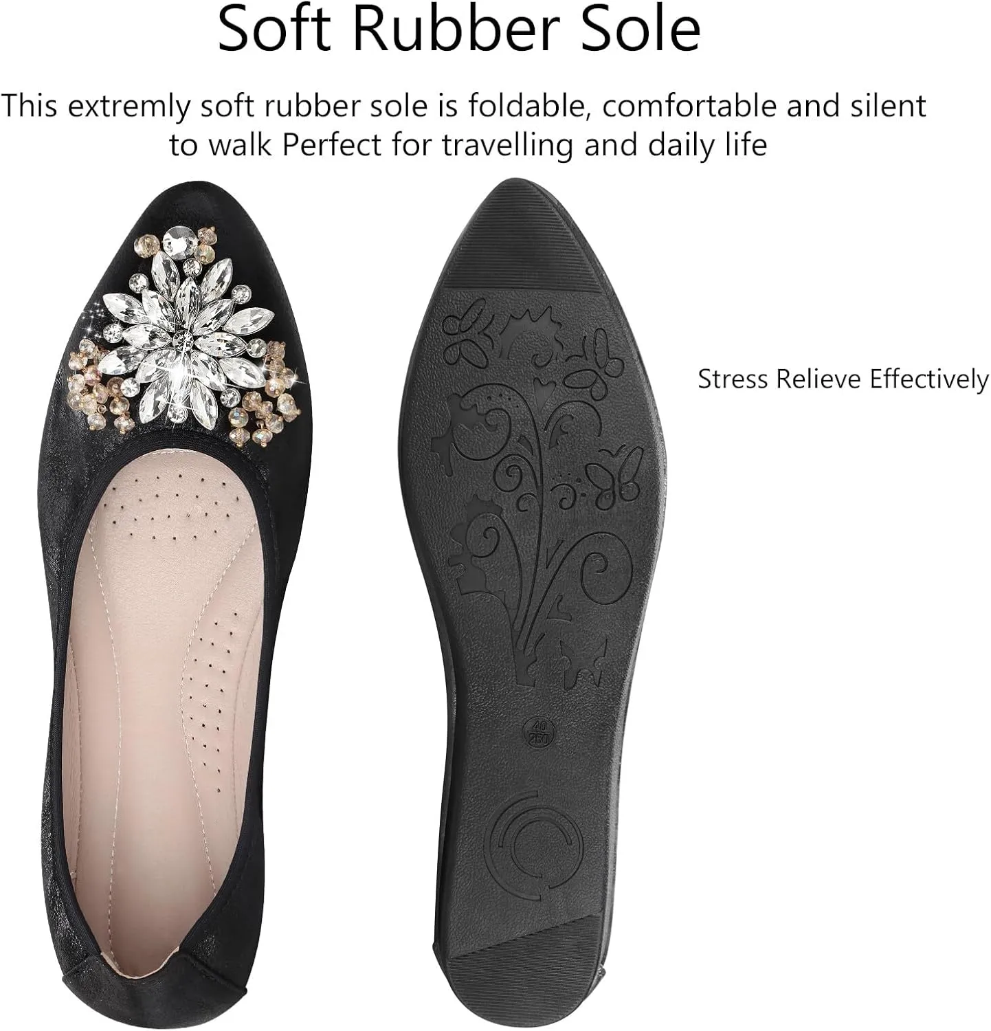 KUNWFNIX Women Ballet Flats Rhinestone Wedding Ballerina Shoes Foldable Sparkly Comfort Slip on Flat Shoes