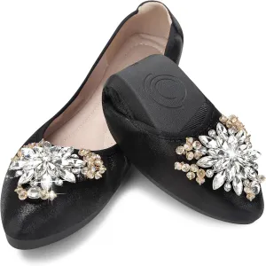 KUNWFNIX Women Ballet Flats Rhinestone Wedding Ballerina Shoes Foldable Sparkly Comfort Slip on Flat Shoes